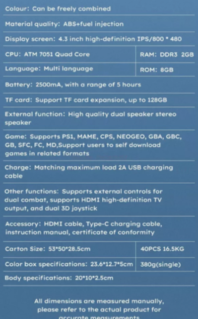 PROJECT-X Handheld Game Console 4.3Inch IPS Screen With 1000 Of Free Games installed